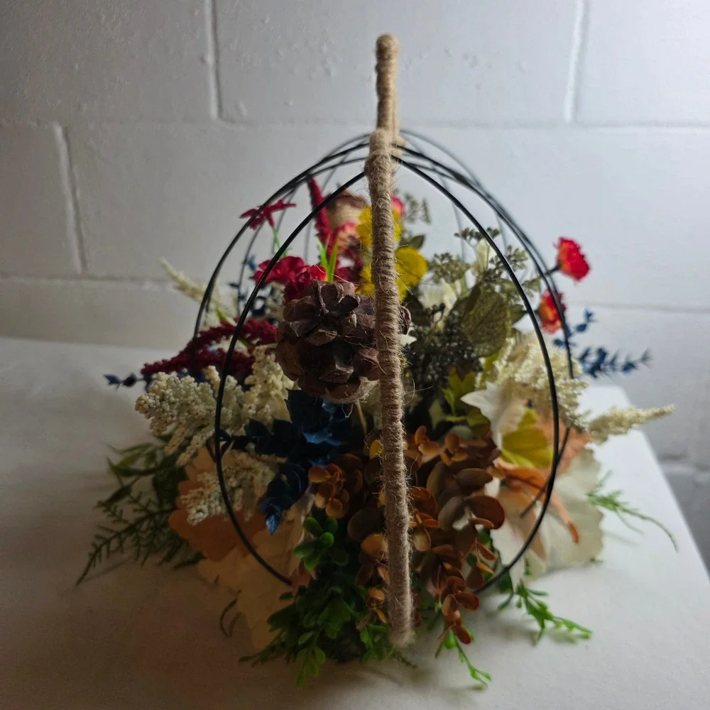 Rustic Fall Wire 3D Pumpkin Centerpiece Faux Florals Flameless Candle